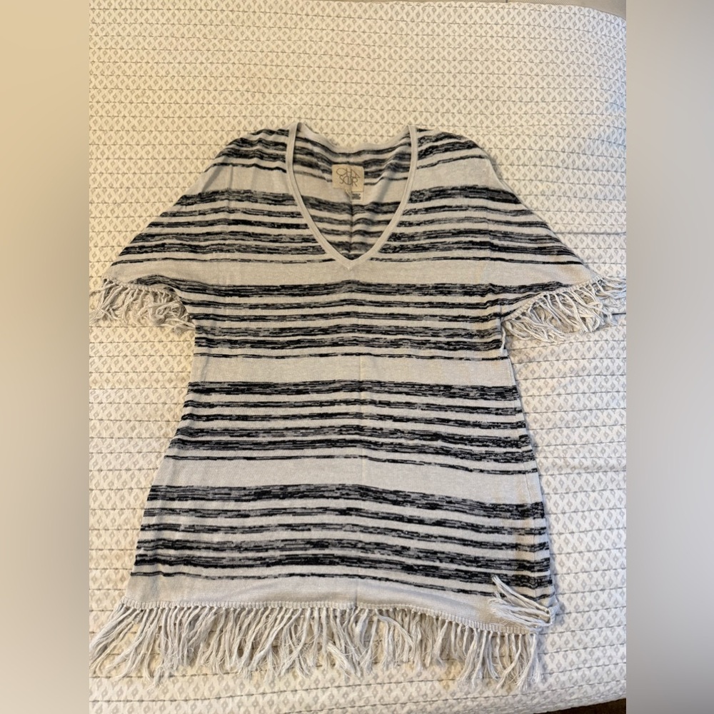 100% LINEN Chaser Ivory and Black Striped Fringe V-Neck Tunic
